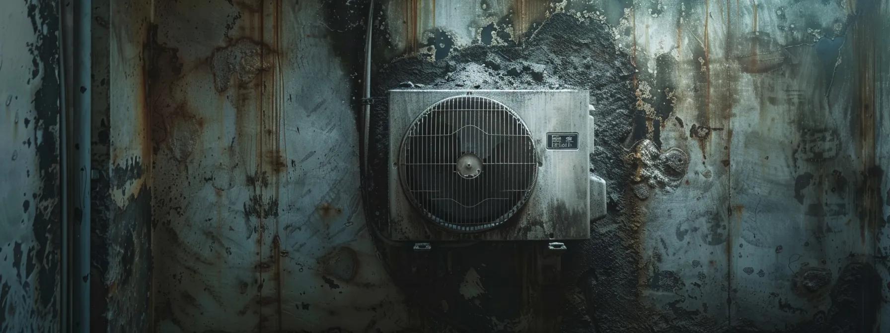 a dusty, neglected air conditioning unit sits ominously in a dimly lit corner, surrounded by swirling particles of grime, symbolizing the hidden dangers of improper hvac maintenance.