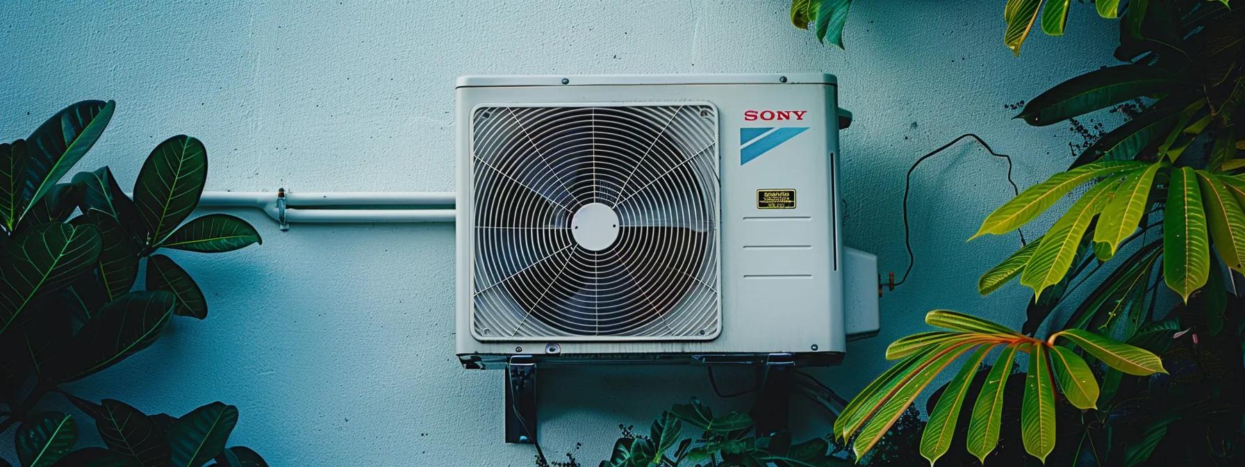 a gleaming, modern air conditioning unit stands prominently against a bright blue sky, surrounded by lush greenery, symbolizing effective hvac maintenance and crisp, cool indoor air.