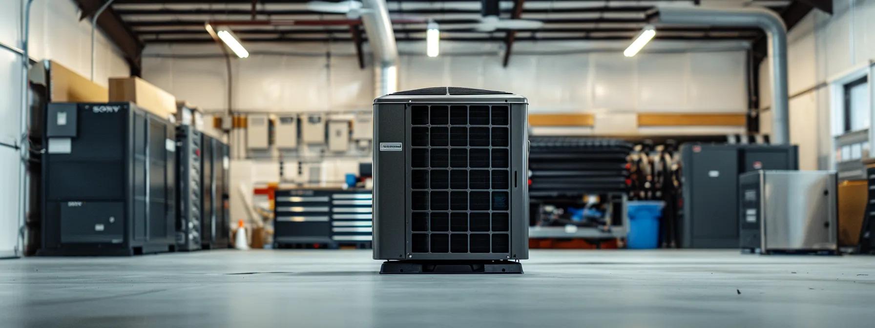 a sleek, modern hvac system glistens under bright overhead lights in a clean workshop, showcasing the contrast between a brand-new unit and a weathered, outdated air conditioning system.