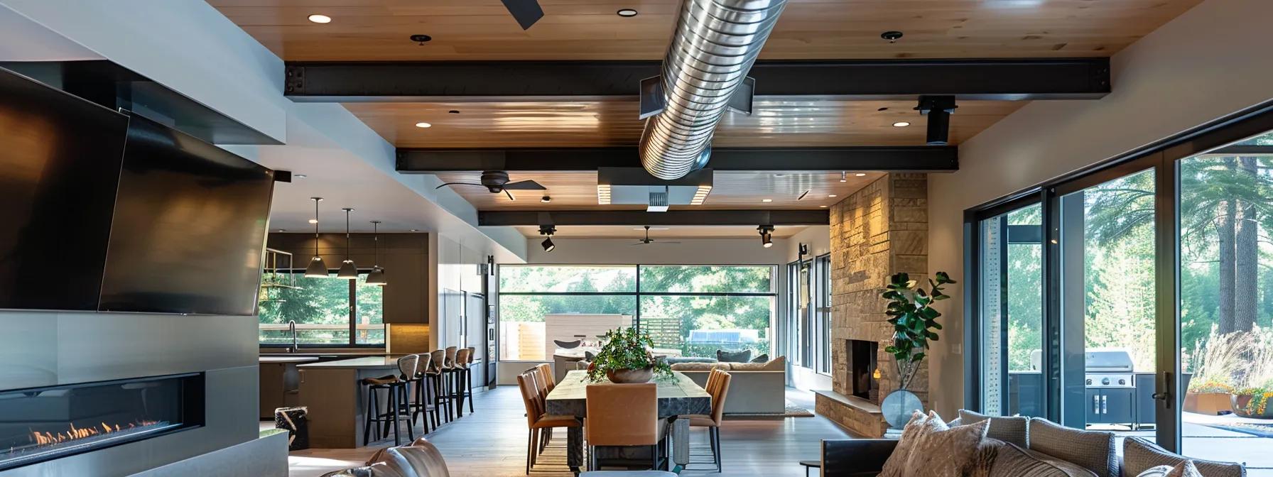 a beautifully organized hvac duct system with gleaming metal ducts, strategically arranged in a modern home setting, showcasing the essence of efficient airflow and indoor air quality.