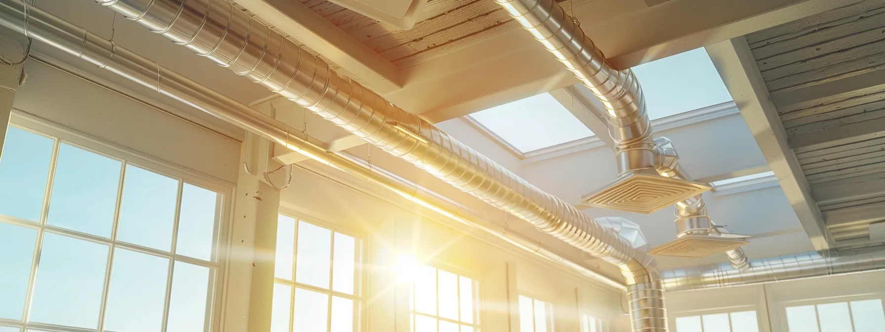 a bright and airy interior showcases a modern hvac system with a filter being changed, surrounded by clean ductwork and inviting sunlight streaming through large windows, symbolizing efficiency and comfort in home maintenance.