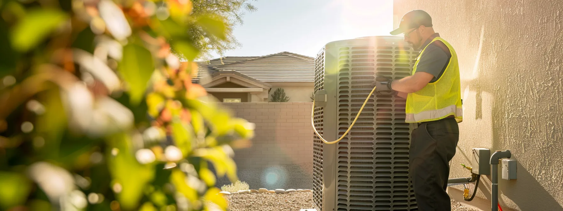 a bright and vibrant hvac technician performs routine maintenance on a sleek air conditioning unit in a sunny las vegas backyard, symbolizing the benefits of energy efficiency and system longevity amidst the desert landscape.