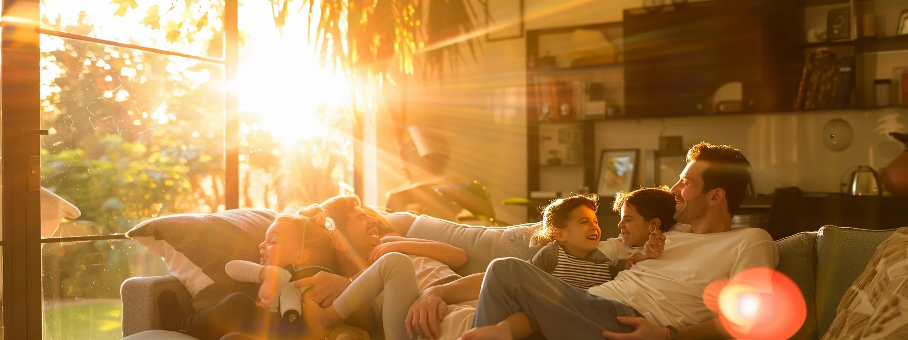 a cozy, sunlit living room showcases a satisfied family enjoying their comfortable home environment, with a digital thermostat displaying energy savings prominently on the wall, symbolizing the benefits of regular hvac maintenance.