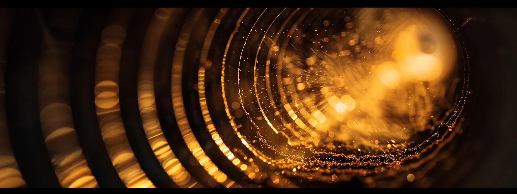 a dramatic close-up of an hvac system with swirling dust particles illuminated by soft, warm light, highlighting the urgency of recognizing signs of duct issues amidst a backdrop suggesting a cozy home environment.
