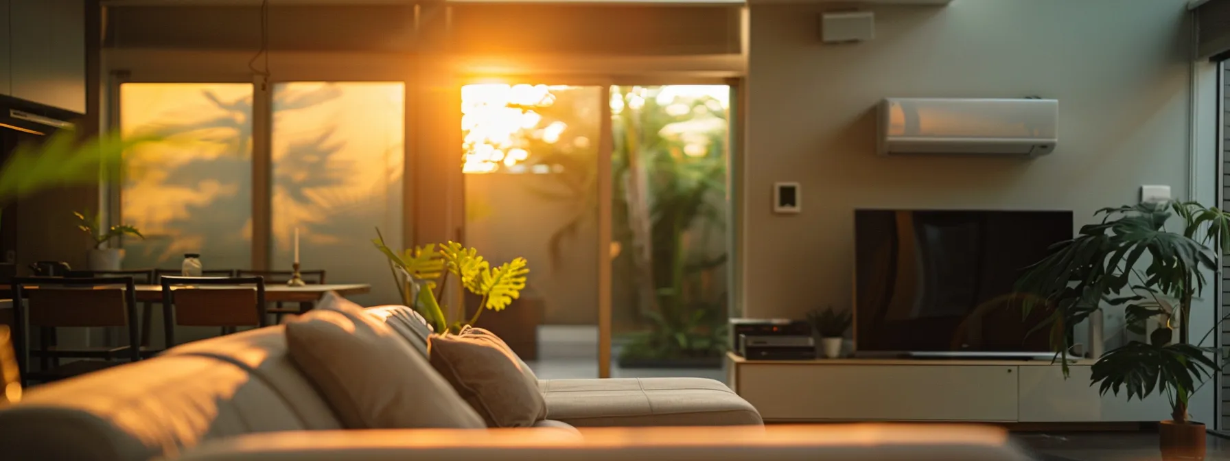 a modern, energy-efficient hvac system glows in the soft, warm light of a well-designed living room, symbolizing comfort and advanced technology for homeowners.