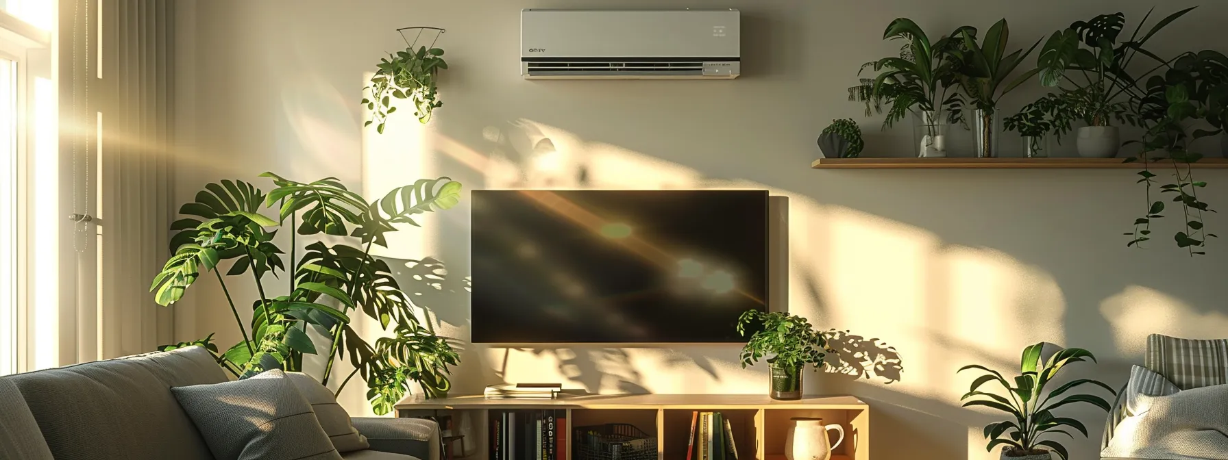 a pristine living room bathed in soft, natural light, featuring an energy-efficient hvac system discreetly mounted on the wall, with lush houseplants and a clean, inviting atmosphere that highlights the importance of indoor air quality and comfort.