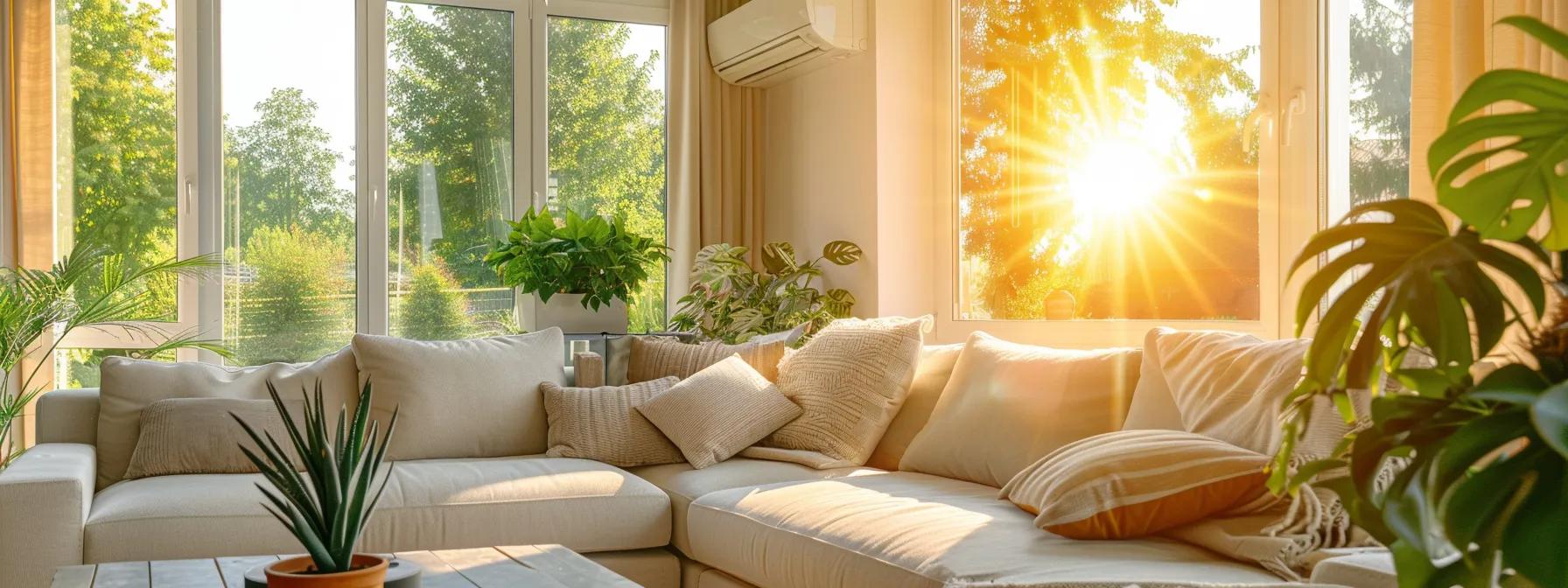 a pristine, sunlit living room with a modern hvac system prominently displayed, symbolizing the importance of regular maintenance, enhanced air quality, and the comfort of a well-cared-for home.