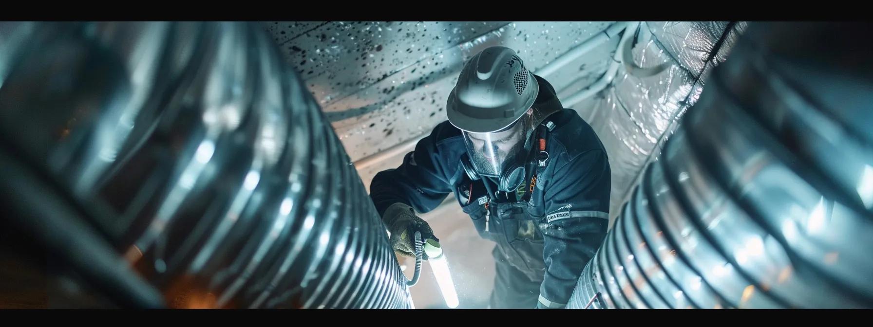 a professional technician meticulously cleans an expansive air duct system, illuminated by bright overhead lights, highlighting the contrast between the pristine metal ducts and the dust being removed, symbolizing the transformative power of effective duct cleaning techniques for optimal hvac performance.