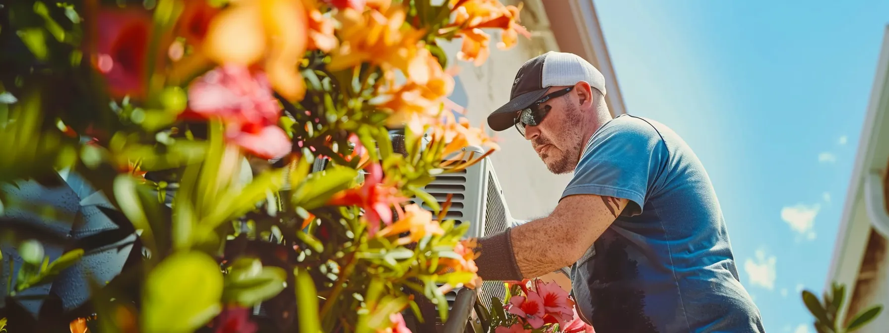 a vibrant hvac technician expertly inspects a sleek air conditioning unit under the bright las vegas sun, surrounded by flourishing spring blooms, highlighting the importance of seasonal maintenance for optimal cooling efficiency.