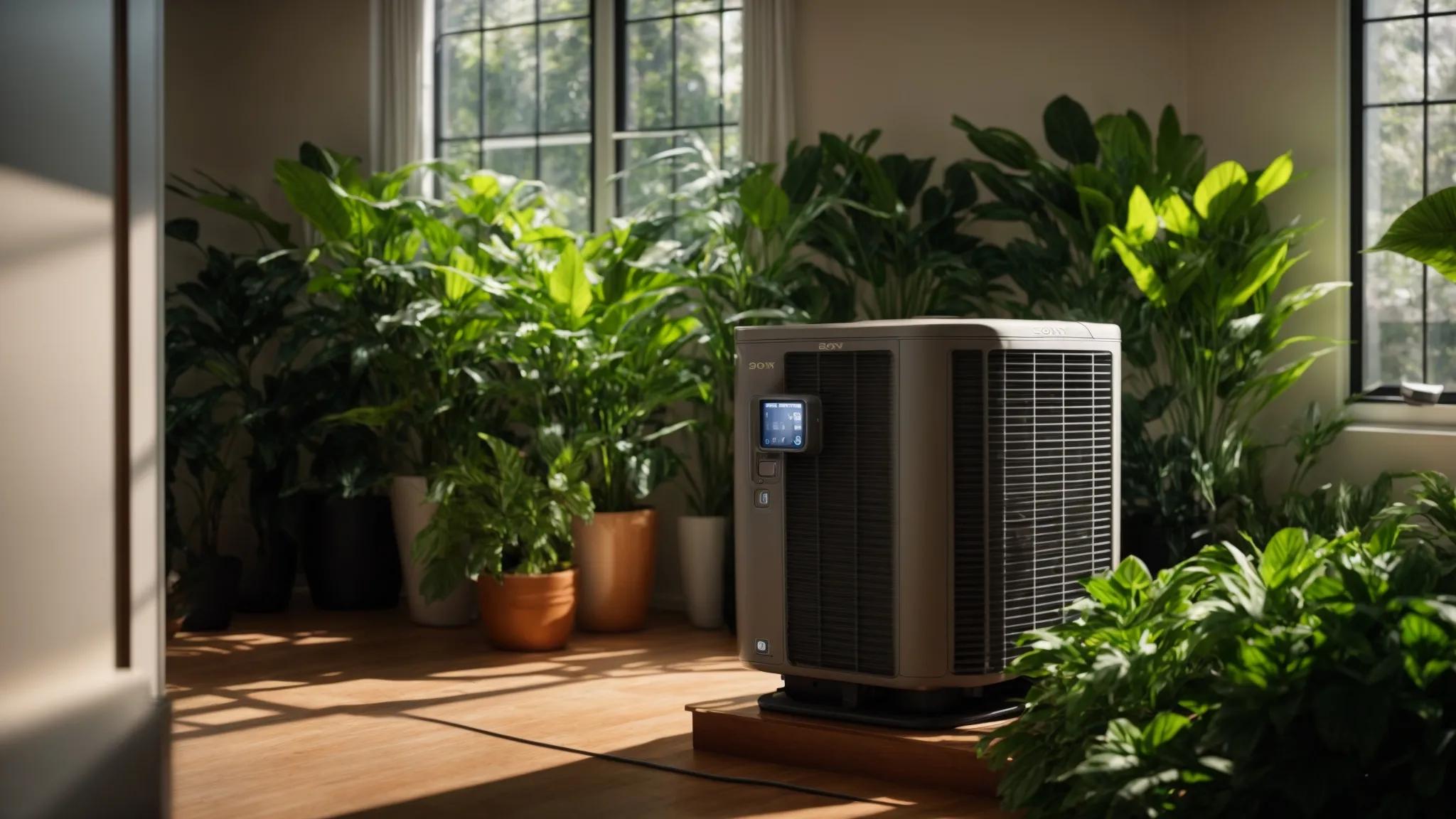 a gleaming, well-maintained air conditioning unit sits prominently in a sunlit room, surrounded by fresh, green plants, symbolizing the importance of regular hvac maintenance for optimal performance.