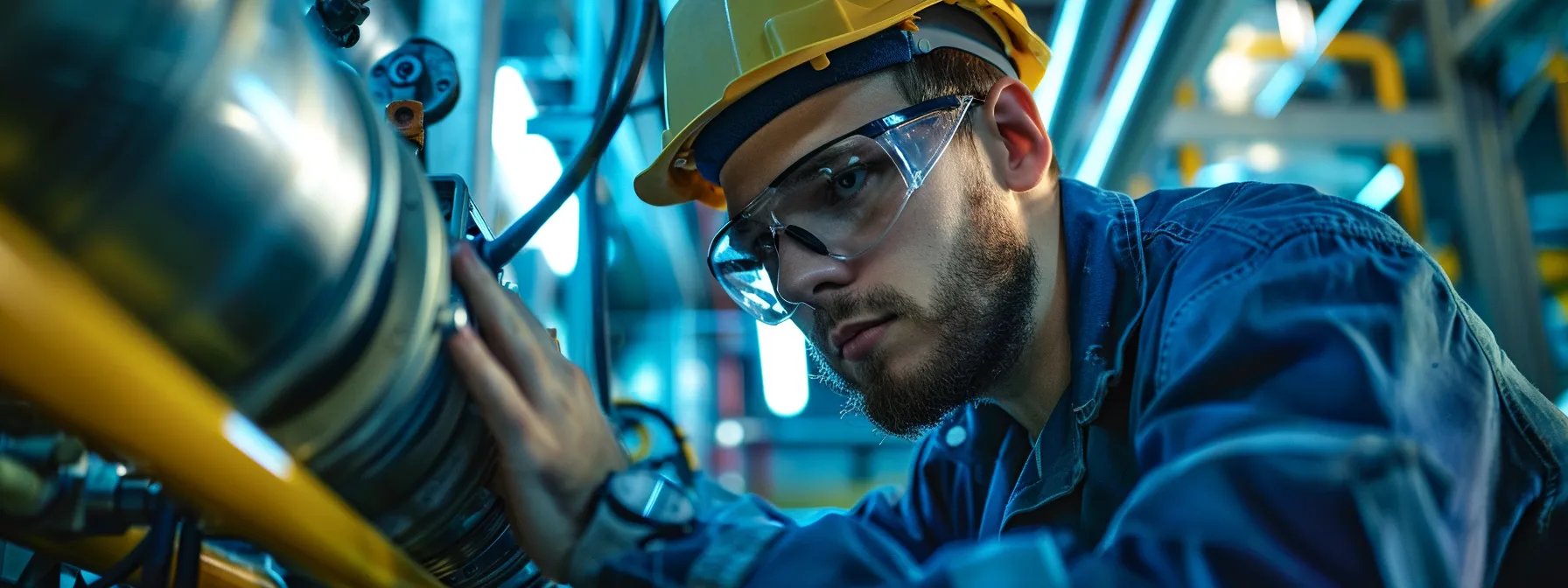 a detailed view of a skilled technician in a modern industrial setting, focusing intently on a high-tech hvac system, illuminated by bright overhead lights that highlight the precision of the intricate components.