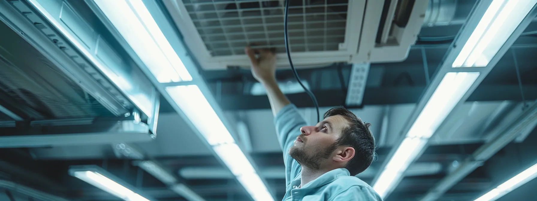 a focused hvac technician inspects a modern indoor air conditioning unit in a sleek office environment, illuminated by bright overhead lighting that accentuates the intricate details of the machinery.