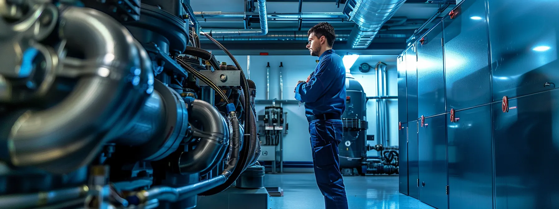 a focused technician examines complex hvac machinery within a sleek, modern office environment, illuminated by bright, artificial lighting that enhances the intricate details of the equipment.
