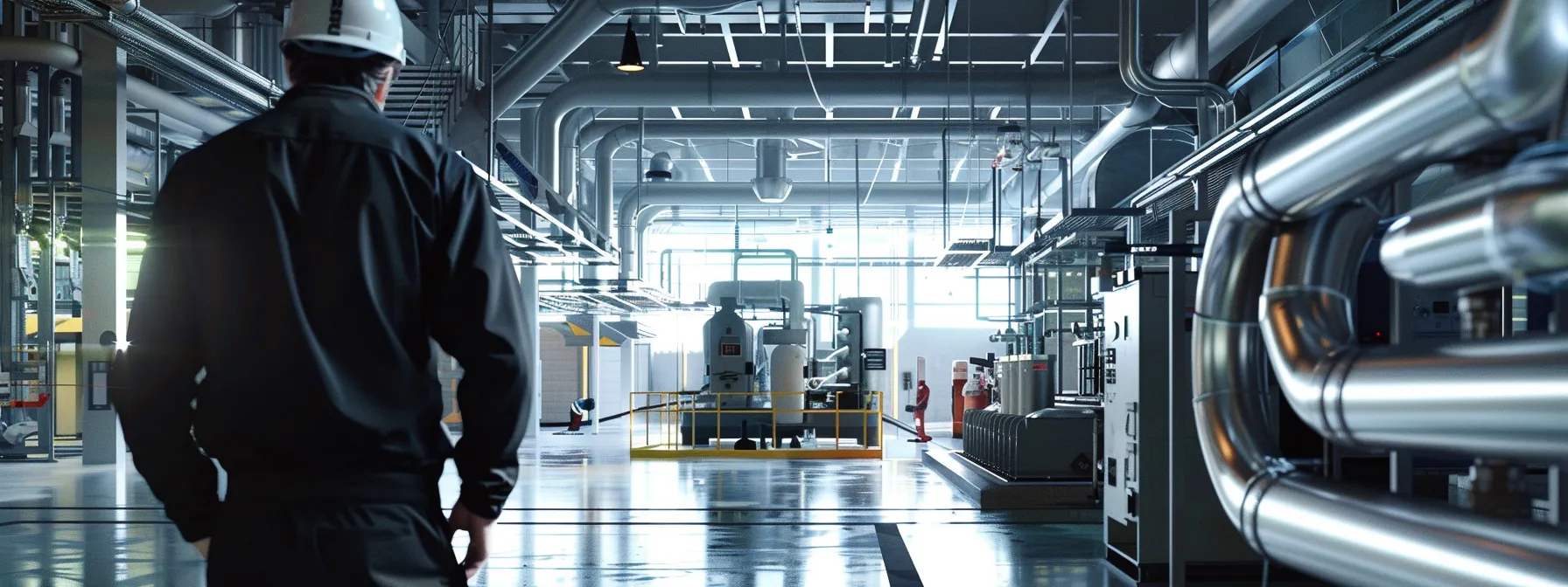 a skilled technician, clad in a sleek uniform, meticulously examines a complex hvac system within a modern, industrial-style office space, surrounded by an array of tools and equipment, bathed in bright artificial lighting that highlights the intricacies of the machinery.