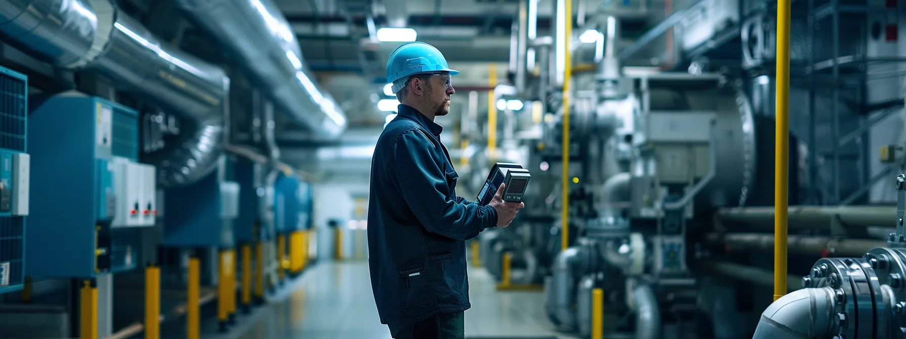a skilled technician expertly navigates a modern industrial hvac system in a sleek, well-lit mechanical room, showcasing intricate machinery and tools that emphasize precision and professionalism.