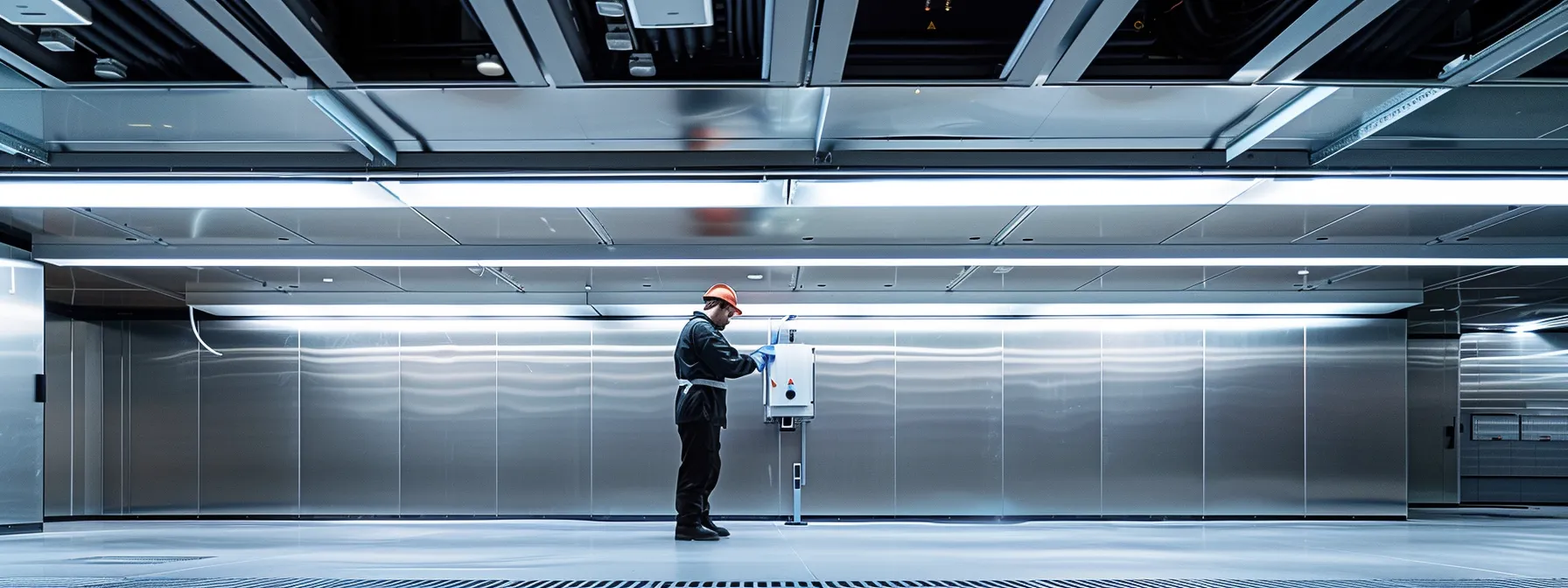 a skilled technician meticulously inspects a sleek hvac unit in a modern, industrial workshop, illuminated by bright overhead lights that enhance the polished metal and intricate components.