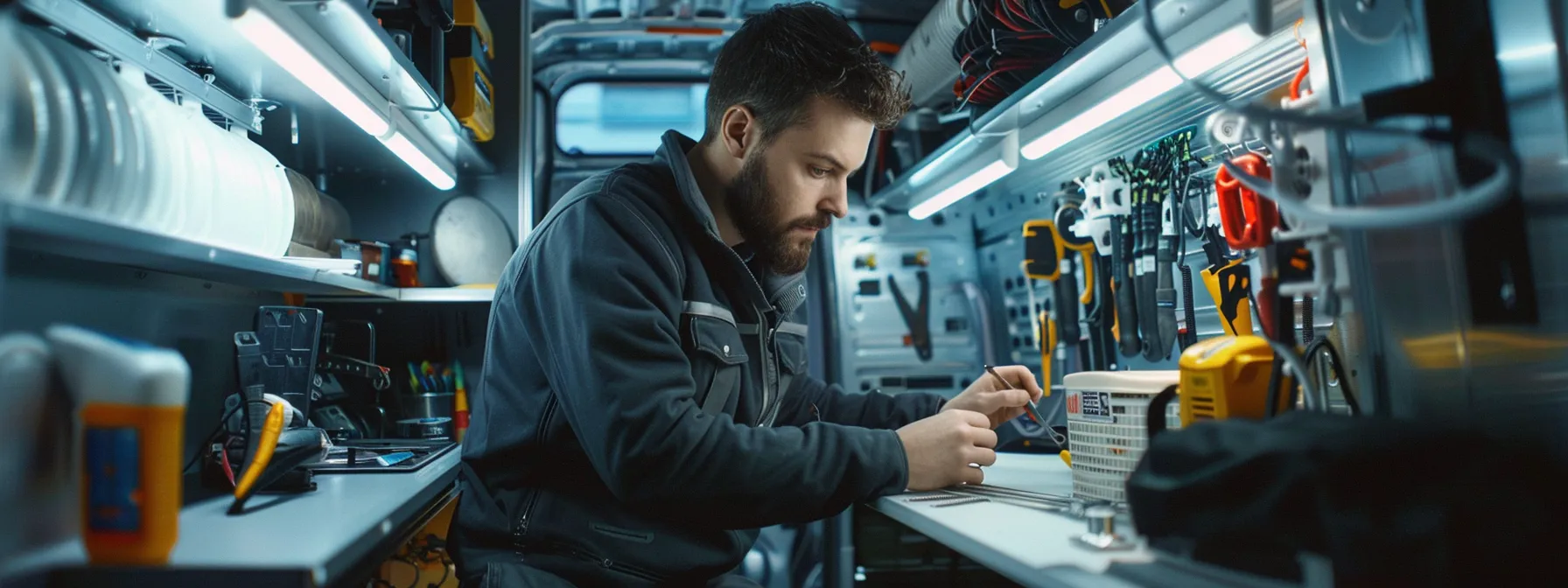 a skilled technician meticulously examines a complex hvac system inside a sleek, modern service van, surrounded by high-tech tools and equipment, emphasizing the precision and expertise required for efficient repairs.