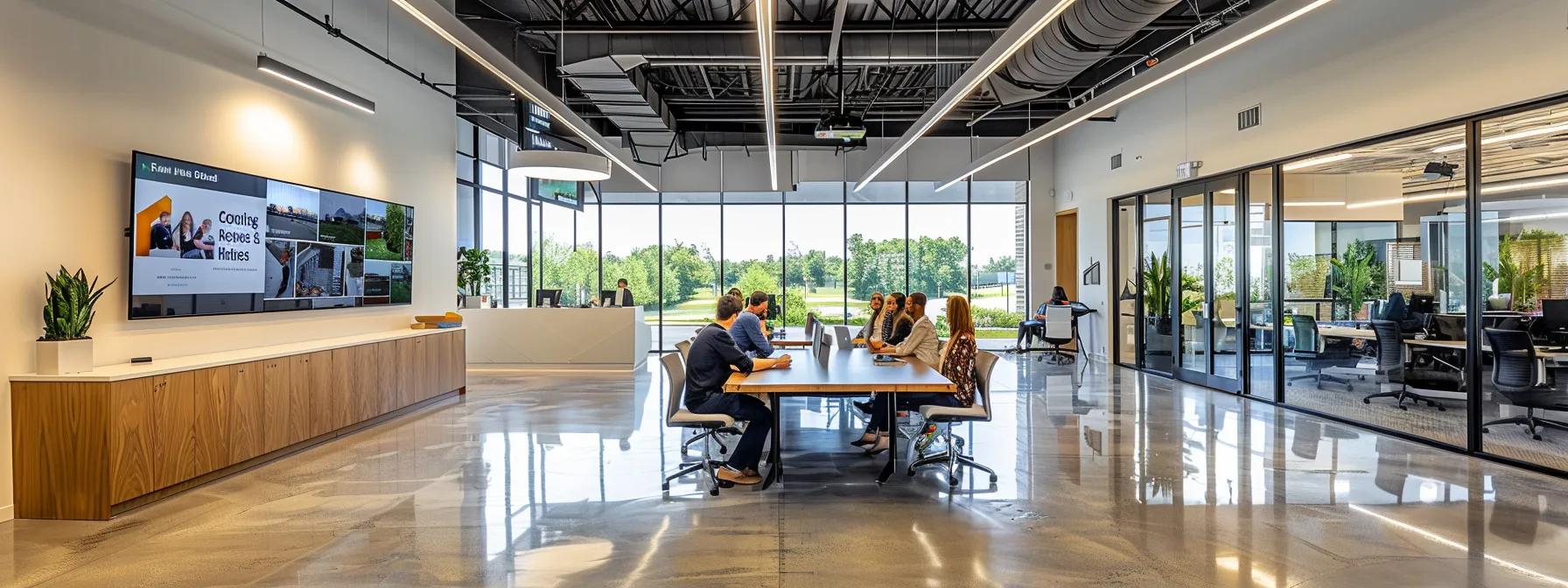 a focused office environment showcases a diverse group of homeowners engaged in a collaborative discussion while reviewing their tablet screens filled with hvac contractor listings and ratings, emphasizing the importance of informed decision-making in selecting skilled professionals.