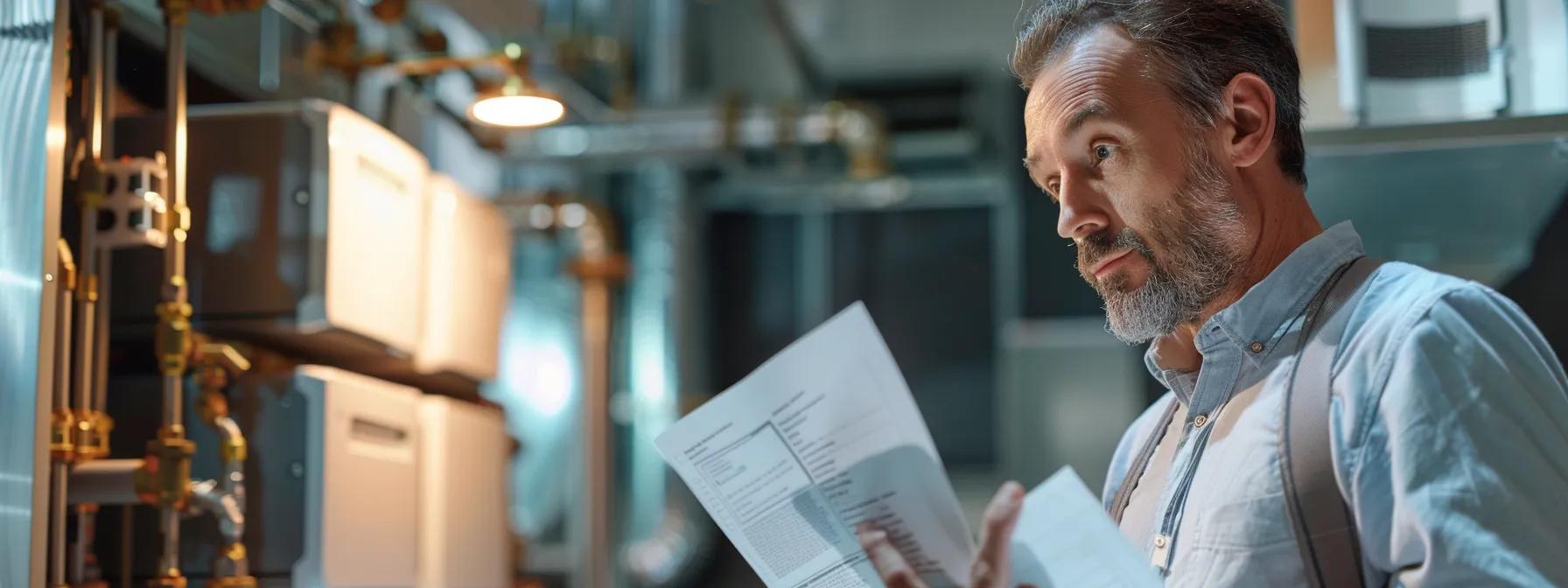 a focused shot of a professional hvac contractor inspecting a sophisticated heating system in a sleek, modern office environment, surrounded by certificates and project case studies that highlight their expertise and commitment to excellence.