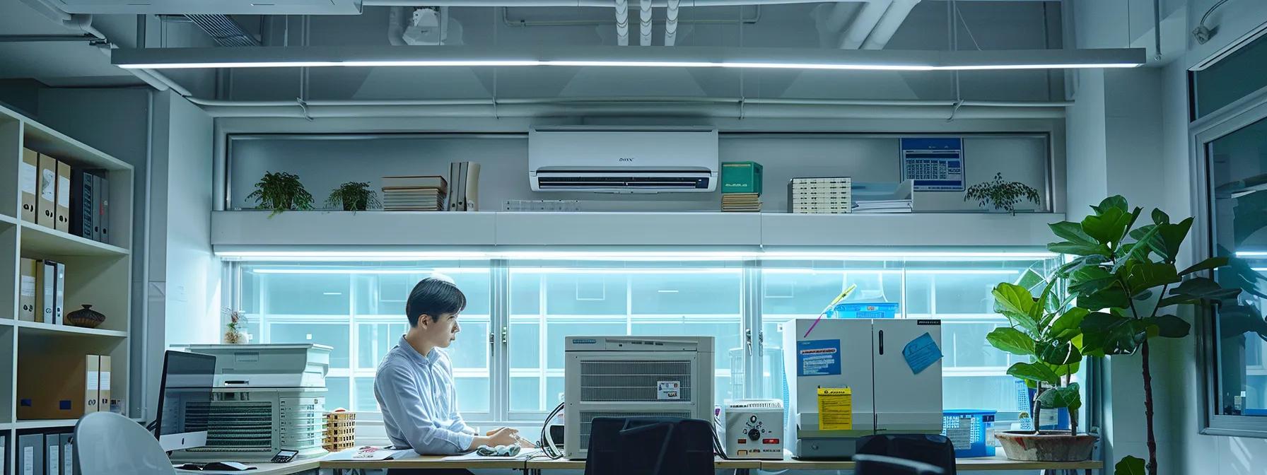 a modern indoor office setting showcases a certified hvac technician intently inspecting an air conditioning unit, surrounded by tools and diagnostic equipment, highlighting a streamlined six-step repair process that emphasizes efficiency and expert service.