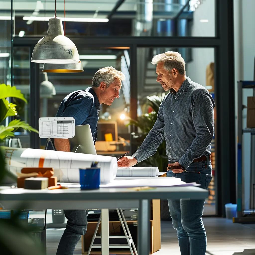 a modern office environment featuring a confident homeowner consulting with a professional hvac contractor, surrounded by blueprints and technical equipment, highlighting trust and expertise in selecting reliable services.