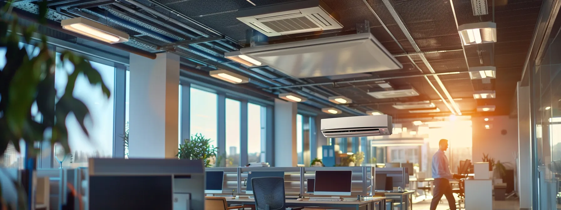 a modern urban office interior showcases a sleek air conditioning unit being professionally inspected by an attentive technician, surrounded by an array of high-tech tools and equipment.