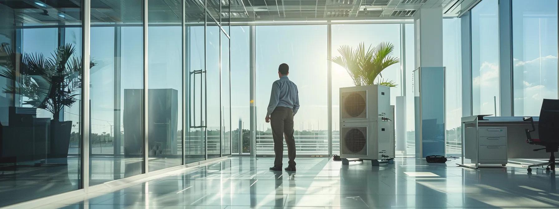 a professional hvac contractor conducts a detailed inspection of a sophisticated air conditioning unit inside a modern, well-lit las vegas office, highlighting their technical expertise and commitment to customer satisfaction through visible certifications and equipment.