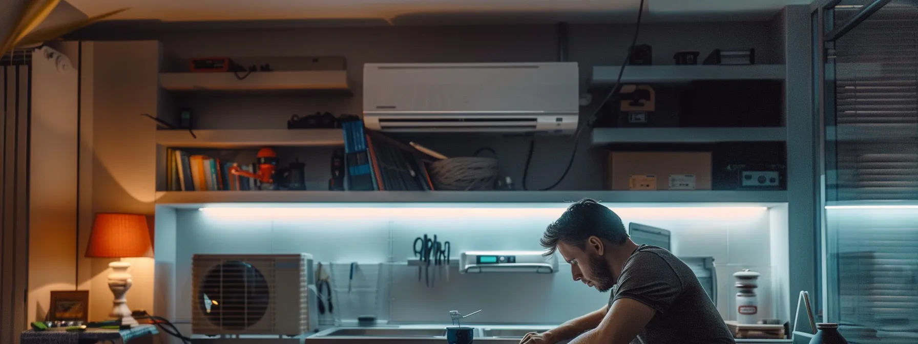 a professional hvac technician inspects a sleek, modern air conditioning unit in a well-lit las vegas home, surrounded by tools organized neatly on a glossy workspace, highlighting the intricacies of indoor climate control solutions.
