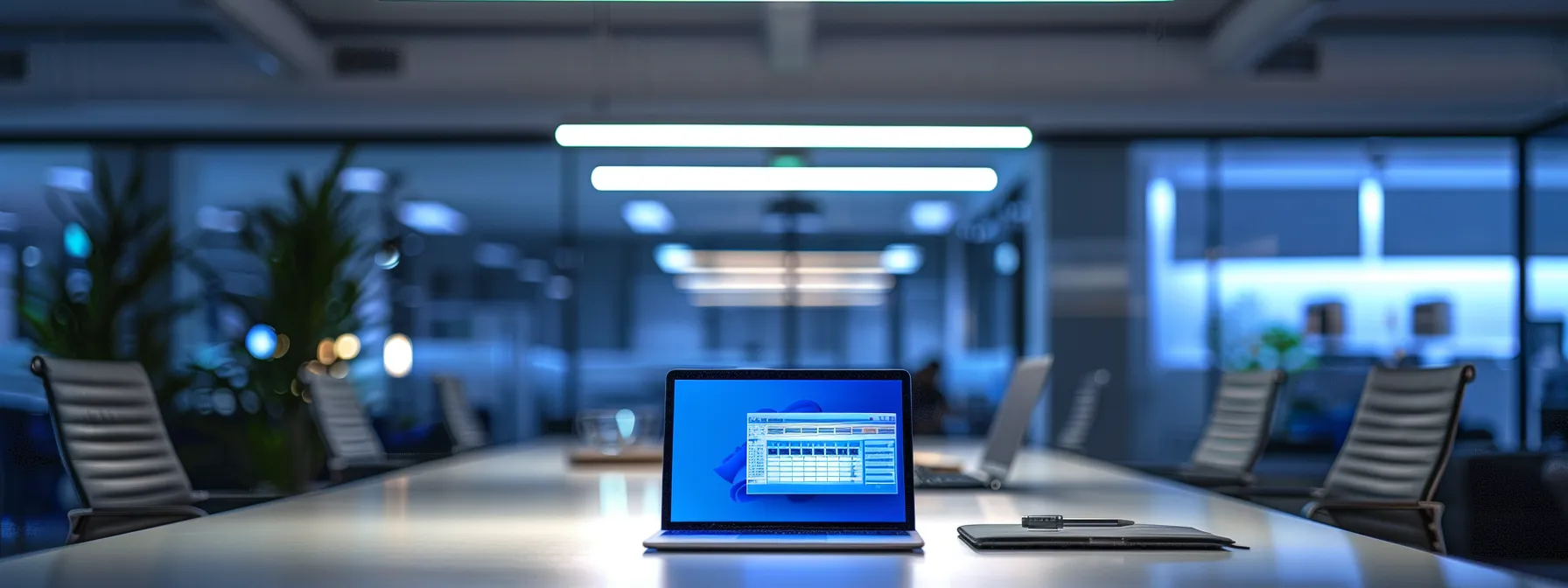 a sophisticated, modern office setting features a sleek conference table with an open laptop displaying hvac load calculation software, illuminated by sharp overhead lights, conveying the critical process of accurately sizing systems to boost energy efficiency.