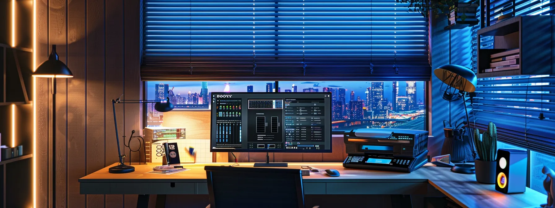 an elegant, modern home office featuring a sleek smart thermostat display prominently on the wall, with a meticulously arranged workspace showcasing hvac blueprints and zoning system schematics, illuminated by sharp, focused lighting for a professional atmosphere.