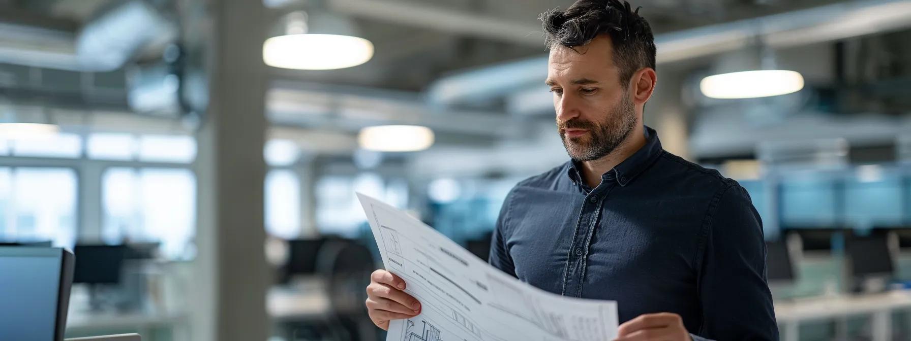 a modern hvac technician examines a large-scale blueprint in a sleek, high-tech office, surrounded by sophisticated air conditioning units and climate control equipment, illustrating the strategic considerations of sizing air conditioning systems based on various environmental factors.