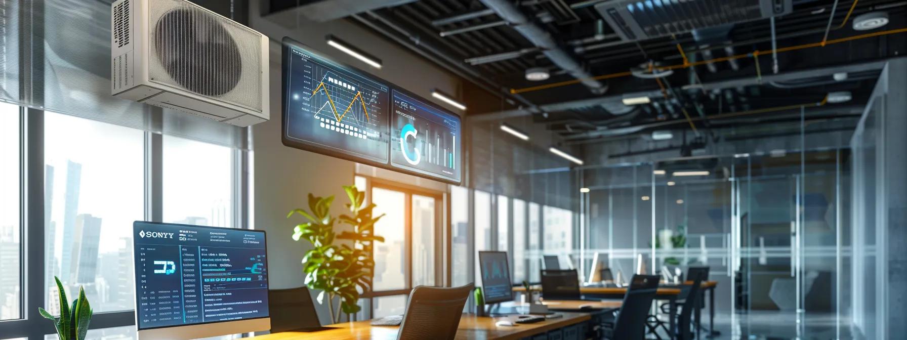 a modern office setting showcases a well-sized air conditioning unit prominently displayed on the wall above a sleek, energy-efficient workspace, with visible digital graphs and charts highlighting financial savings and reduced energy costs on a nearby screen, illuminated by soft, warm lighting.