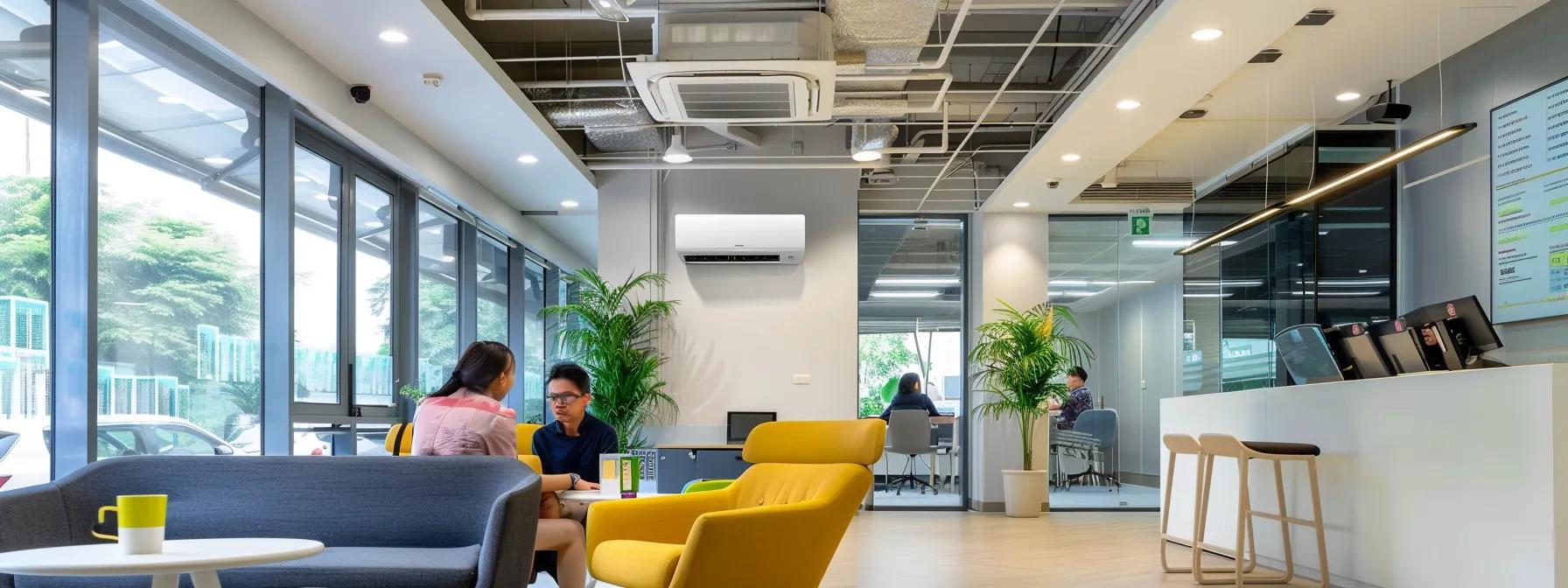a modern office space showcases air conditioning units with digital interfaces, where professionals analyze customer feedback charts and discuss air quality improvements, highlighting the significance of expert guidance in enhancing indoor comfort and energy efficiency.