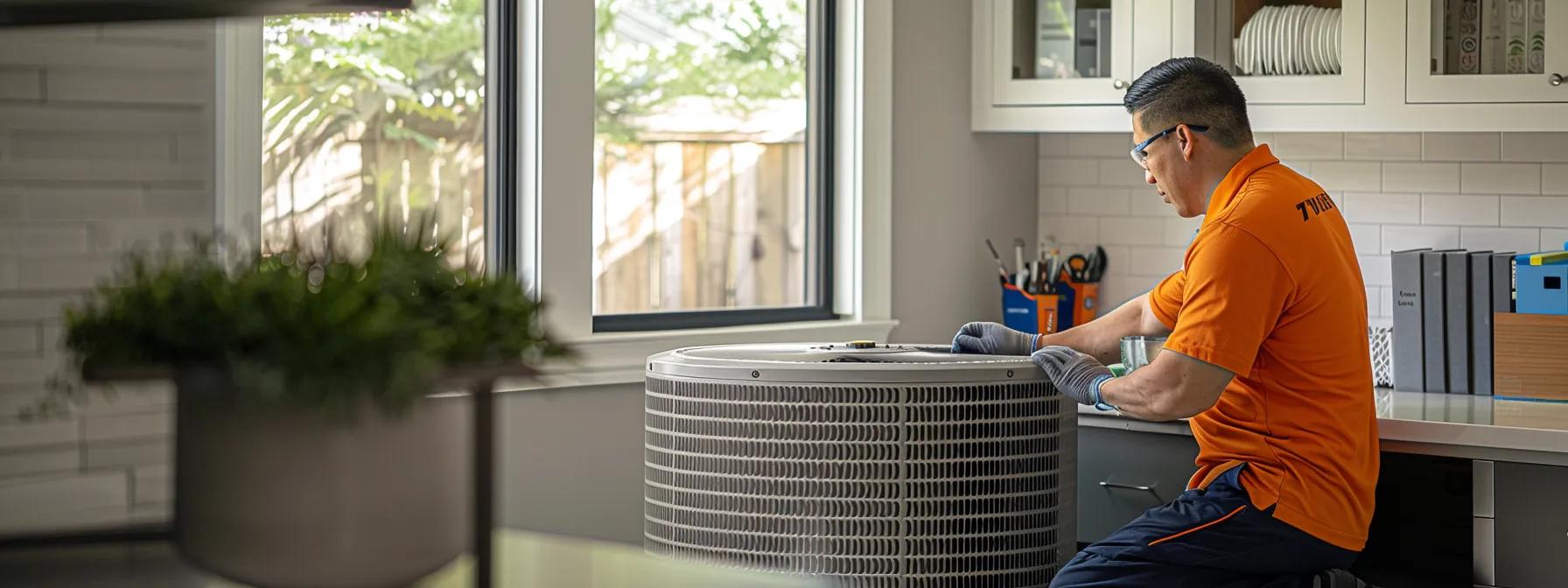 a sleek, modern hvac technician in a well-lit, contemporary home office carefully assesses a high-efficiency air conditioning unit, surrounded by advanced tools and installation equipment, embodying professionalism and expertise in air conditioning installation.