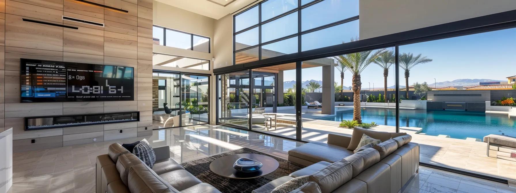 a sleek, modern las vegas home interior showcases an optimized air conditioning unit with digital readouts, emphasizing the importance of precise sizing against a backdrop of minimalist furnishings and a bright, sunlit room to illustrate energy efficiency and comfort in a hot climate.