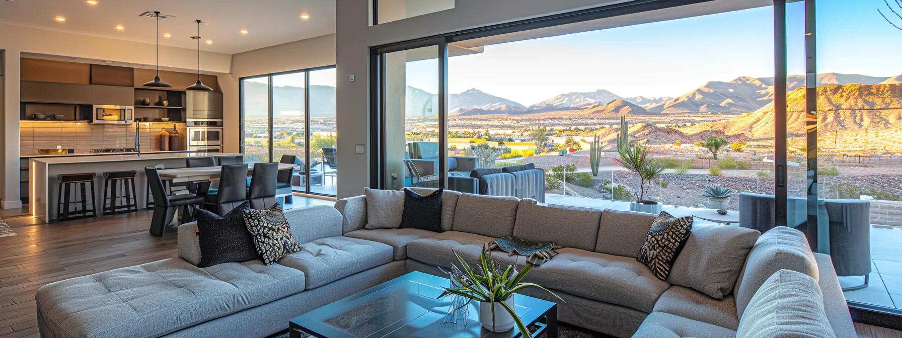 a sleek, modern living room in a las vegas home showcases a stylish, energy-efficient air conditioning unit prominently, surrounded by smart home technology and elegant furnishings that emphasize the importance of choosing the right aircon size for optimal comfort.