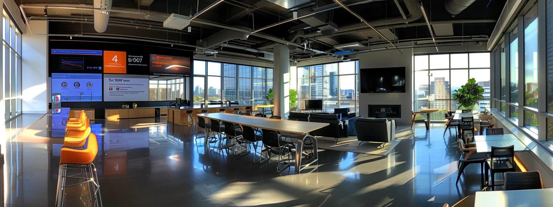 a sleek, modern office space filled with digital display screens and an oversized table showcasing detailed air conditioning sizing metrics, with vibrant infographics illustrating key calculations and energy savings for optimal indoor climate control.