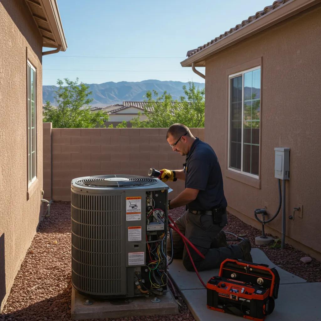 Technician performing emergency AC repair in Las Vegas residential area