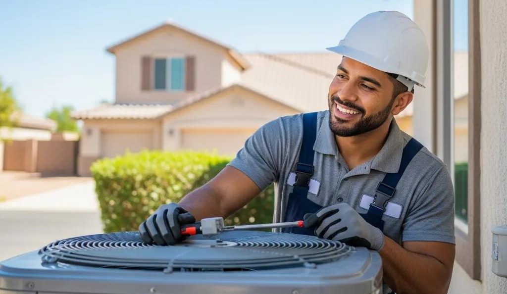 HVAC technician repairing an air conditioning unit in a sunny residential area